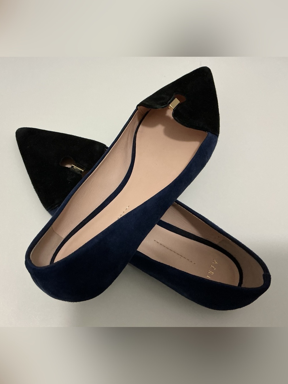 Aerin Navy Suede Flats with Black Pointed Toe and Gold Accent